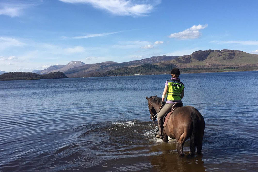 A horse and rider in the water at Loch Lomond